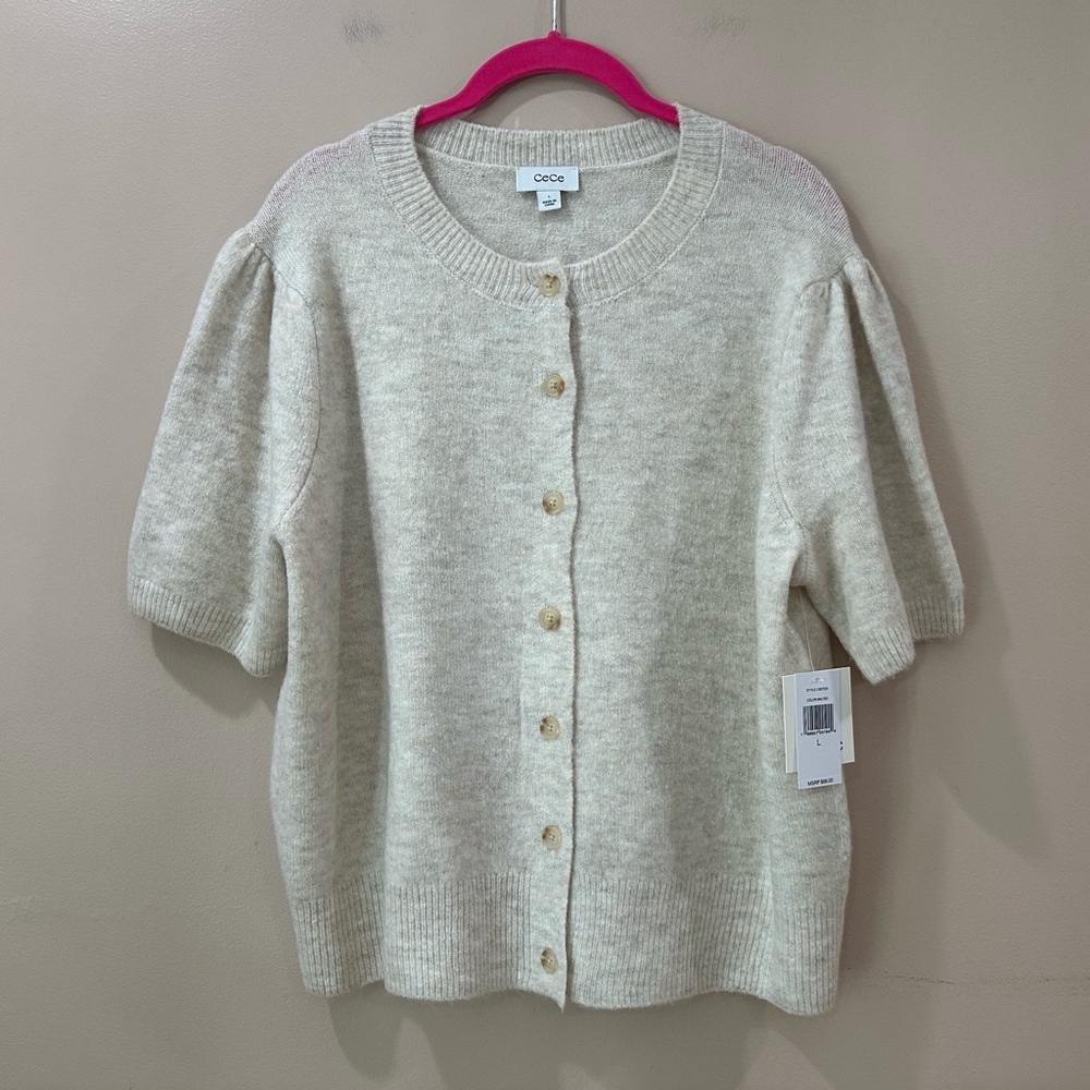 NWT CeCe Beige Sweater Cardigan Soft Short Sleeve Knit Top Button Womens L